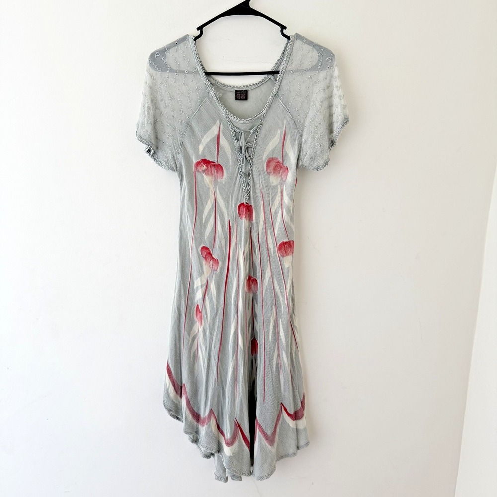 Boho Swing Dress Size S Grey Red Floral Y2K‎ Indie Semi Sheer Festival Fairy